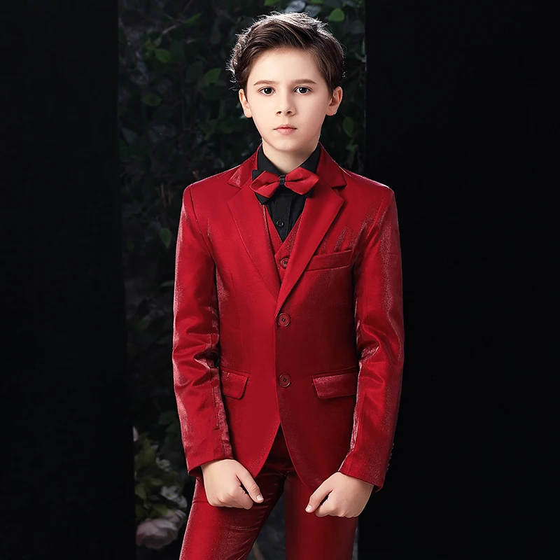 

Spring and Autumn Formal Boys and Children Wedding Suits High-grade Burgundy Jacket + Pants + Vest + Shirt + Tie