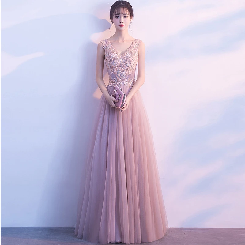Vestido de festa милое Розовое Кружевное длинное вечернее платье с v-образным вырезом Вечерние платья для выпускного с жемчугом