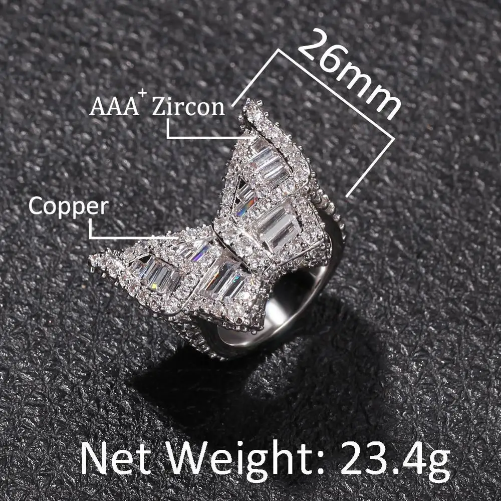 THE BLING KING Men Hiphop Ring Baguettecz Cluster Square Cut Large Butterfly Shape Cubic Zirconia Gold Color Party Ring Jewelry