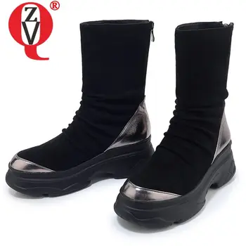 

ZVQ runk booties genuine cow leather winter autumn round toe women's shoes fashion cool Martin boots Combat boots drop shipping