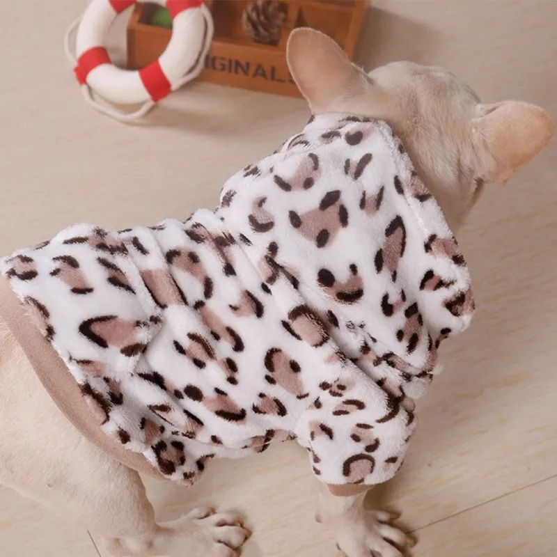 Творческий Pet фланелевая теплая 2-клёш одежда, толстовка с капюшоном для собаки, franse щенок бульдога из ткани с леопардовым принтом, куртки и пальто на осень и зиму