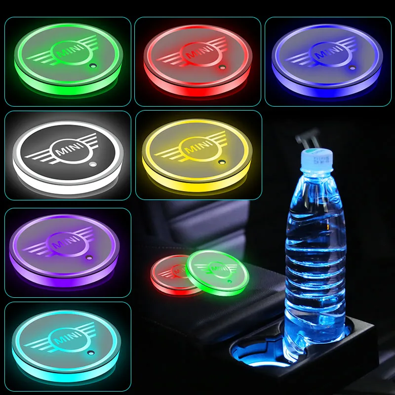 

2pcs Car Decor USB Charging LED Water Coaster Cup Holder Mat LOGO for BMWs Mini Coopers One S R50 R53 R56 R60 F55 F56 Car Goods