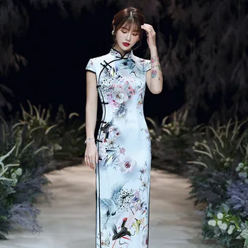 

Print Flower Long Cheongsam Vestidso Mandarin Collar Qipao Vintage Satin Lady Chinese Dress Elegant Evening Party Gown Big Size