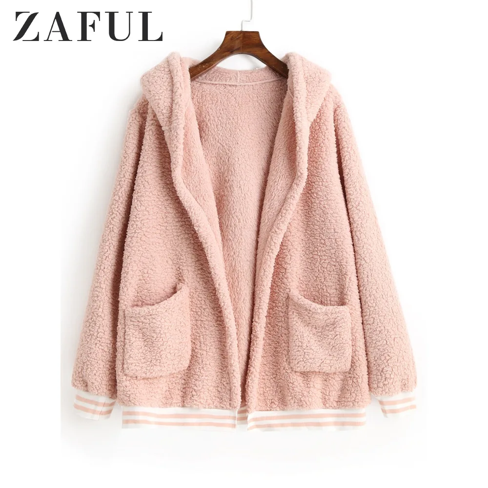 Женское пальто из искусственного меха ZAFUL длинное с капюшоном и карманами в