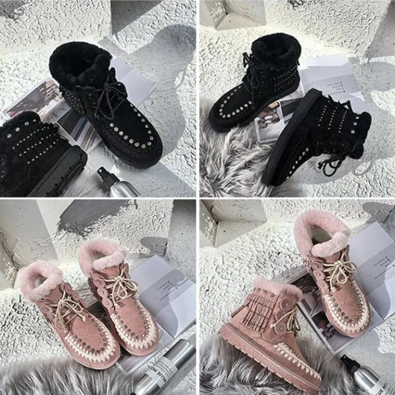 Crystal Lace Up Snow Boots Wool thickened Warm Winter Women Shoes Round Toe Tassel Cowhide Leather Top Quality Booties Ankle