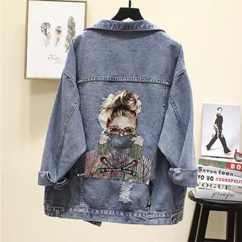 

Women's Denim Jacket 2020 Harajuku Printed Frayed Beading Jeans Jacket Women's Spring Loose Casual Coat Female Jacket Outwear