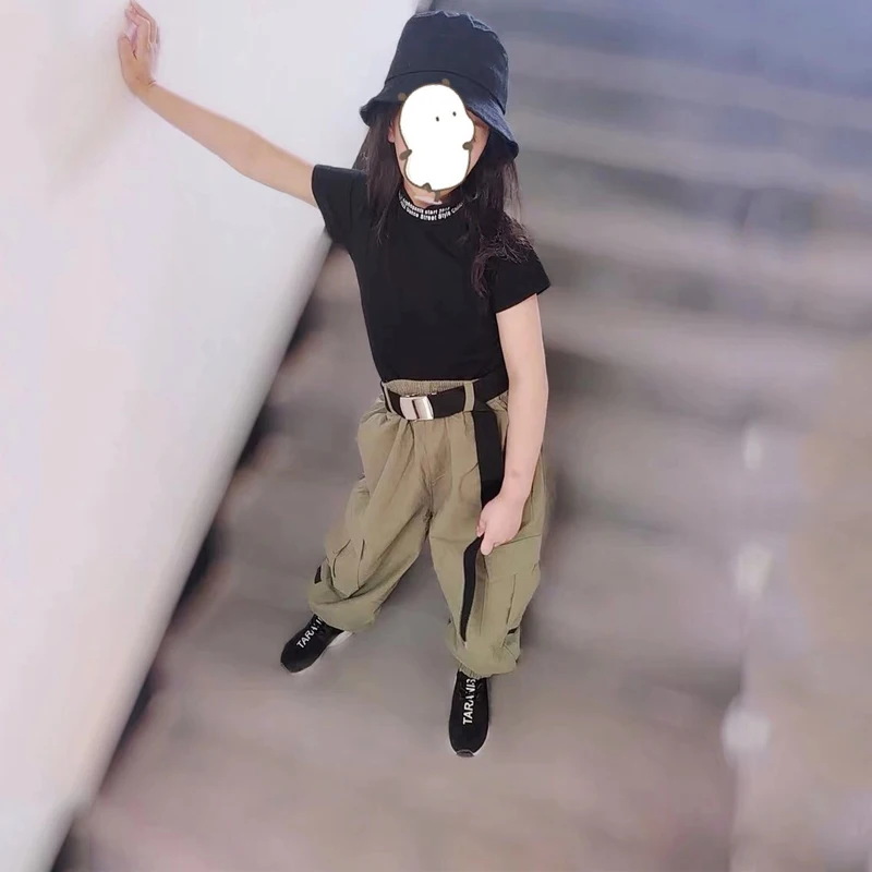 Children Jazz Dance Costumes Kids Black Tops Green Pants Outfit Hip Hop Clothing For Girls Street Dance Performance Wear SL1972