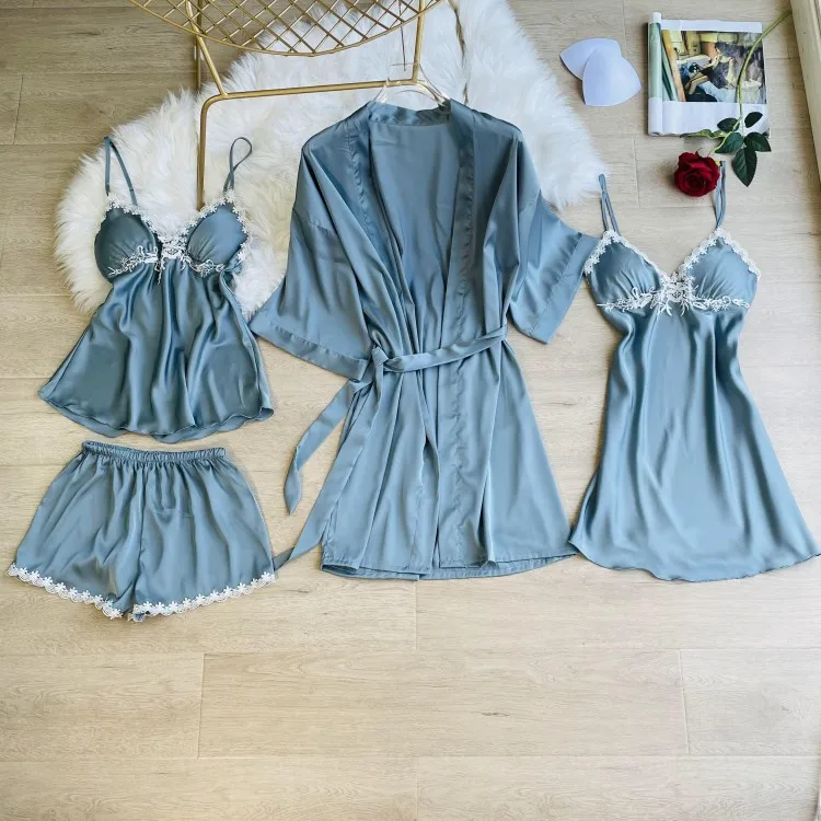 

Пикантная кружевная ночная рубашка, женская одежда для дома, 4 шт., Женский Пижамный костюм, интимное нижнее белье, повседневный комплект для сна, пижамы