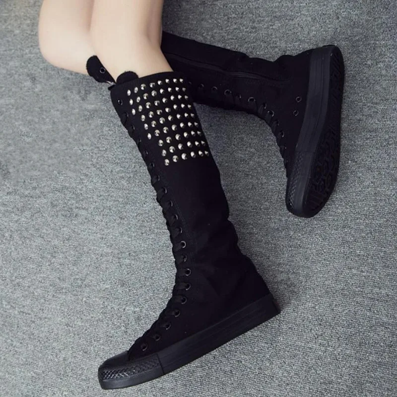 

Autumn new rivet Joker women's boots dance lace-up side zipper Calf canvas boots high women's shoes Large size34-43 323
