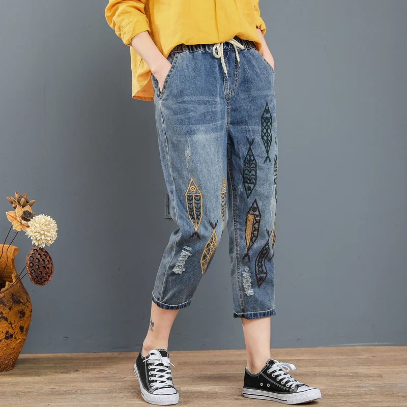 

M-3XL plus size Swimming fish embroidery denim pants jeans female vintage