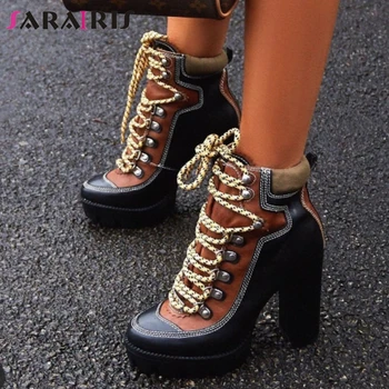 

2019 Spring Autumn New Fashion Platform Ankle Boots Women 12cm Thick Heel Platform Boots Ladies Worker Boots Black Brown Shoes