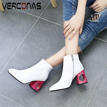 

VERCONAS Fashion Concise Women Ankle Boots 2020 New Fretwork Heels Shoes Woman Genuine Leather Autumn Winter Office Lady Boots