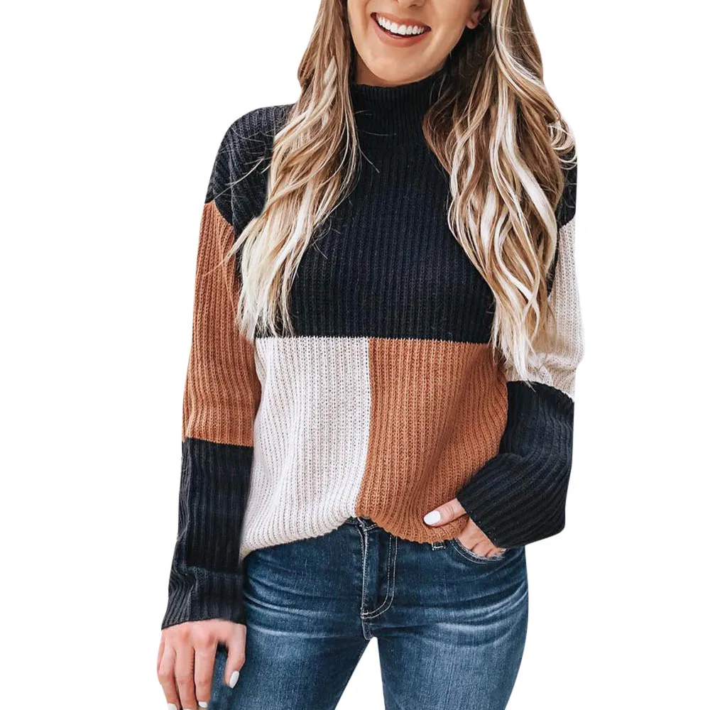 

Knitted Sweater Pullovers Women Colorblock Turtle Neck Patchwork Long Sleeve Sweaters Tops Blouse Female Soft Bottom Jumper