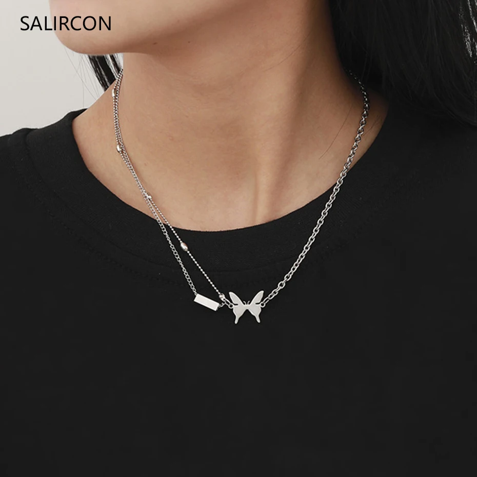

Punk Butterfly Pendant Stainless Steel Choker Necklace High Quality Silver Color Clavicle Chain Short necklace For Women Men