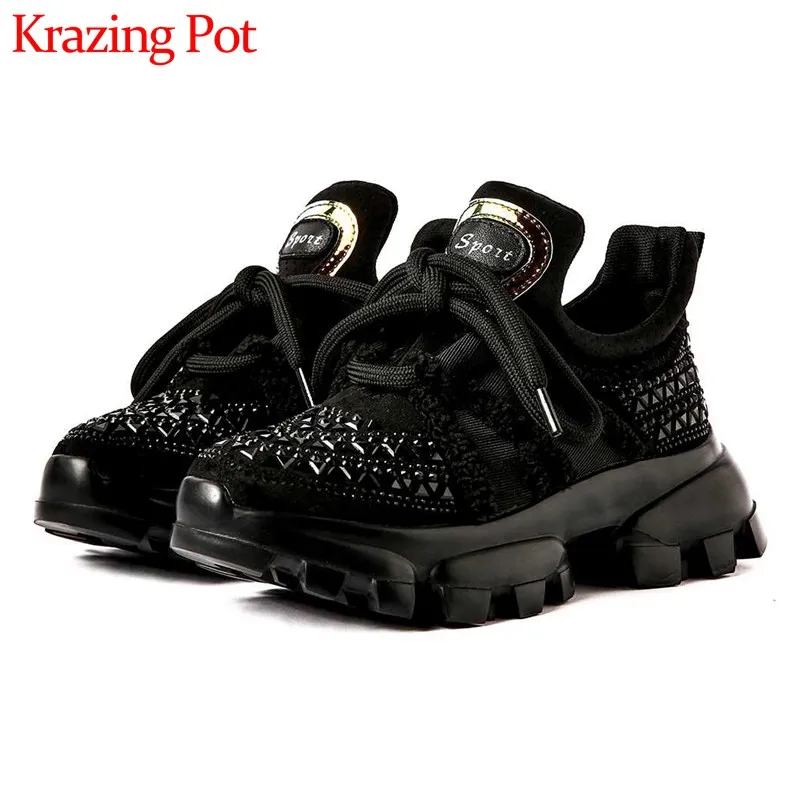 

Krazing pot diamond studded genuine leather shiny sneaker round toe thick bottom cozy lace up punk women vulcanized shoes L09