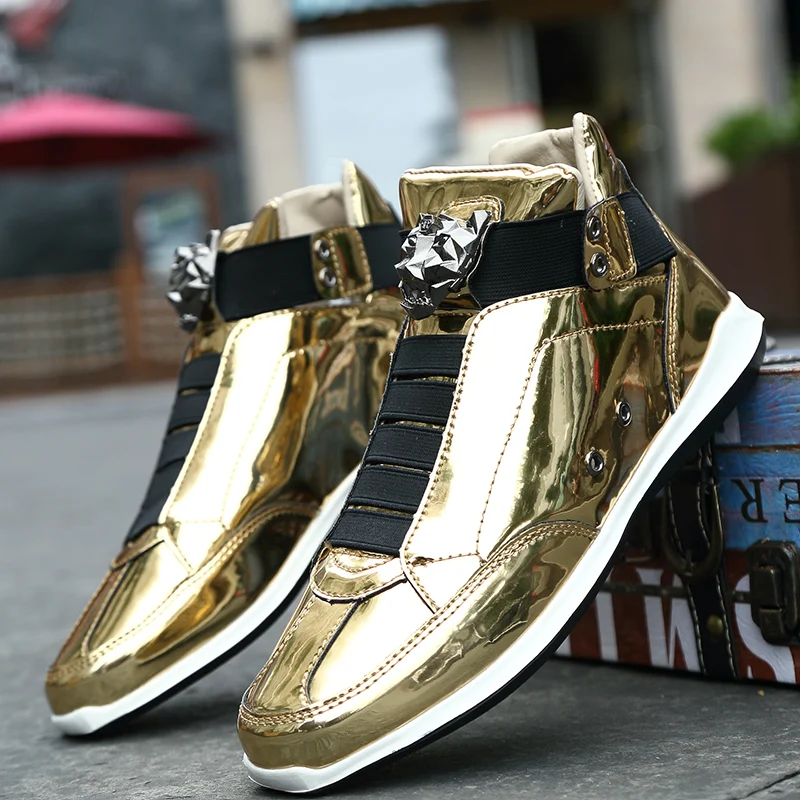 Sooneeya High Top Patent Leather Casual Shoes Men Glitter Luxury Boots Male Driving Shoes Brand Designer Bling Leather Shoes - Цвет: Gold-3