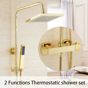

Gold Thermostatic Shower Faucet Bathroom Shower Set Rainfall Shower head With Mixer Tap Wall Mounted Bath & Shower taps