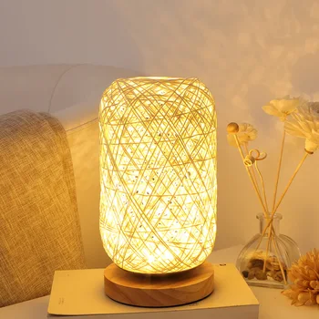 

Wood Rattan Twine Ball Lights USB LED Table Lamp Room Home Art Decor Desk Light