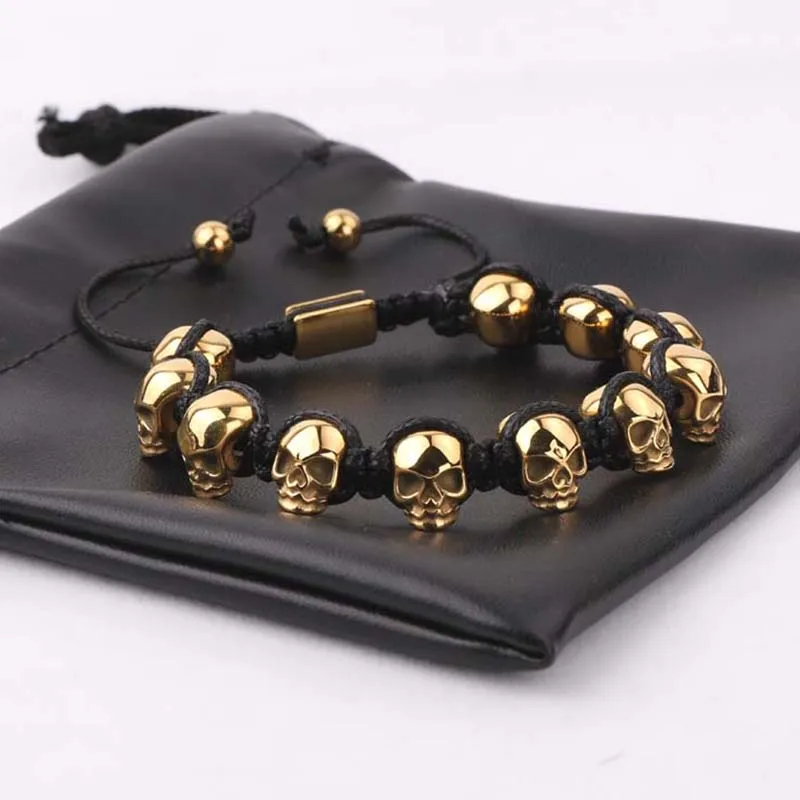 High Quality Stainless Steel Skull Braided Wrap Beads Bracelet For Men