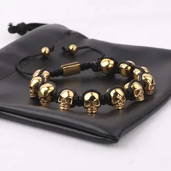 Men Jewelry Bracelet Stainless Steel Skull Braided Wrap Beads Bracelet For Men