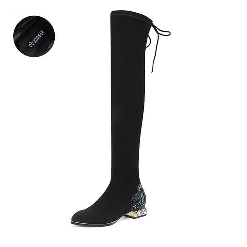 big size black long thigh high boots for plus women round toe chunky ankle suede slim shoes 10 lace up fashion over the knee
