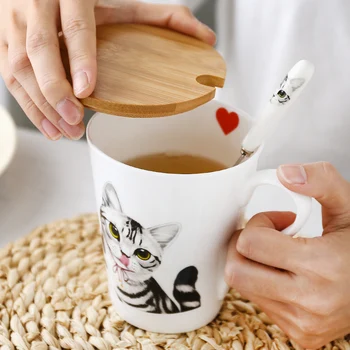 

Porcelain American Shorthair Coffee Mug Personalized Animal Mug Lid Tableware with Wood Cat Cup Bone China Wedding Birthday Gift