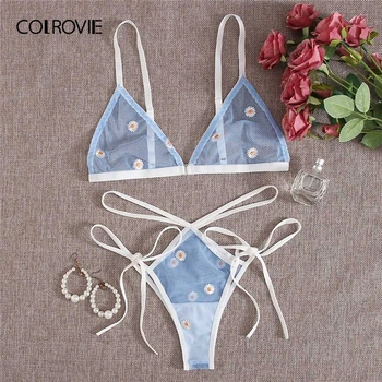 

COLROVIE Blue Embroidery Daisy Mesh Side Tie Lingerie Set Women 2020 Mesh Cute Sexy Sets Wireless Bra and Thongs Underwear Set