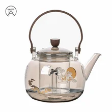 

High-end Tea set Gold silver tea colored glass teapot Wooden carrying handle Transparent boiling teapot Steam boil 2 inner pots