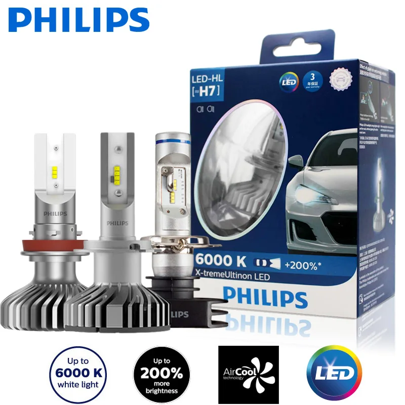 

Philips светодиодный X-treme Ultinon H4 H7 H11 автомобильные лампы 6000K супер светильник + 200% ярких H8 H11 H1 противотуманные фары, светодиодсветильник фары, пара