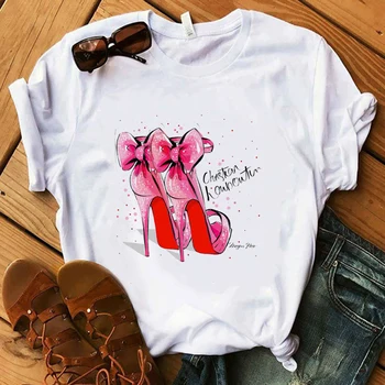 

women's t-shirt Red High Heel T Shirt Lady Luxury Make Up Paris Style T-Shirt Women Summer Short Tops Girl Hipster T-shirts