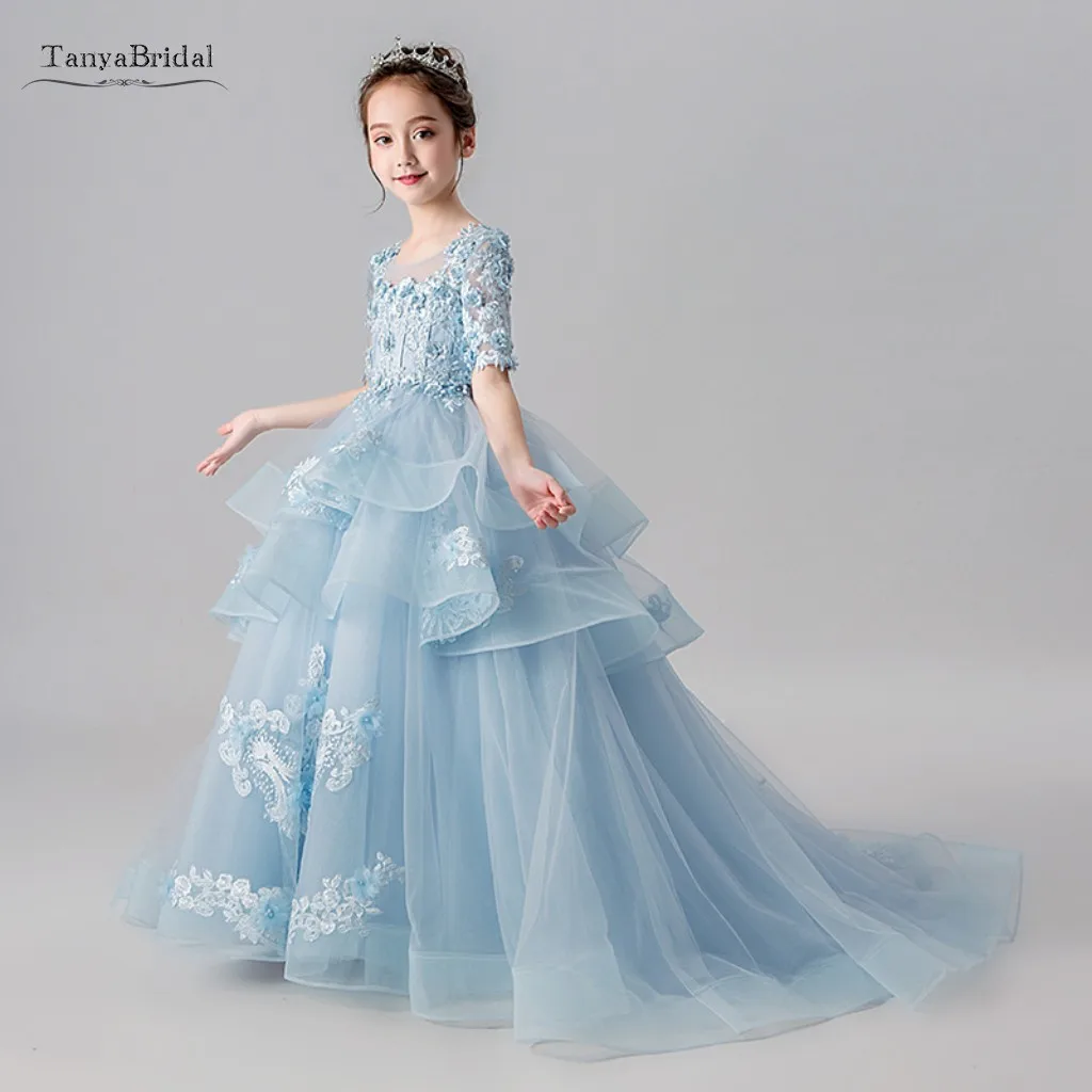 Floor Length Princess Light Sky Blue Lace Flower Girl Dresses Applique Girls Pageant Dress First Communion Dresses XF031