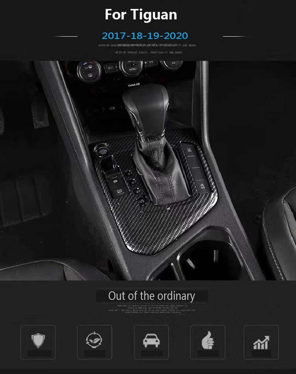 1 main1 Color Black-For Volkswagen Tiguan 2020 2019 Style Interior Center Console Gear Shift Box Panel Cover Decorative Car Trim ABS Carbon Fiber 2018 car trim