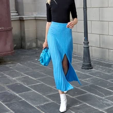 AEL, женские модные юбки, Осень-зима, эластичная, высокая талия, синий, вязаный свитер, юбки, длинные, прямые, миди, юбка с разрезом