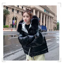 Хлопковые парки с большим натуральным мехом, зимняя женская куртка, золотой, серебряный, двухслойный, боковое пальто, женская теплая куртка большого размера