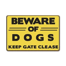 Decoración de pared de Metal impresa Bar Beware Pub Caution Home Craft atención perro señal de advertencia etiqueta engomada de seguridad placa decorativa Vintage