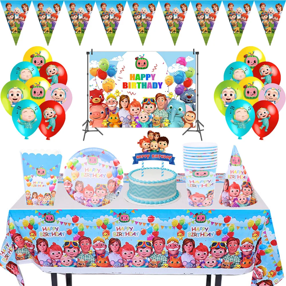 Cocomelon-mantel de fiesta familiar con temática, platos y vasos de papel, pajitas, suministros de fiesta de cumpleaños, decoración de ducha de bebé de juguete para niños