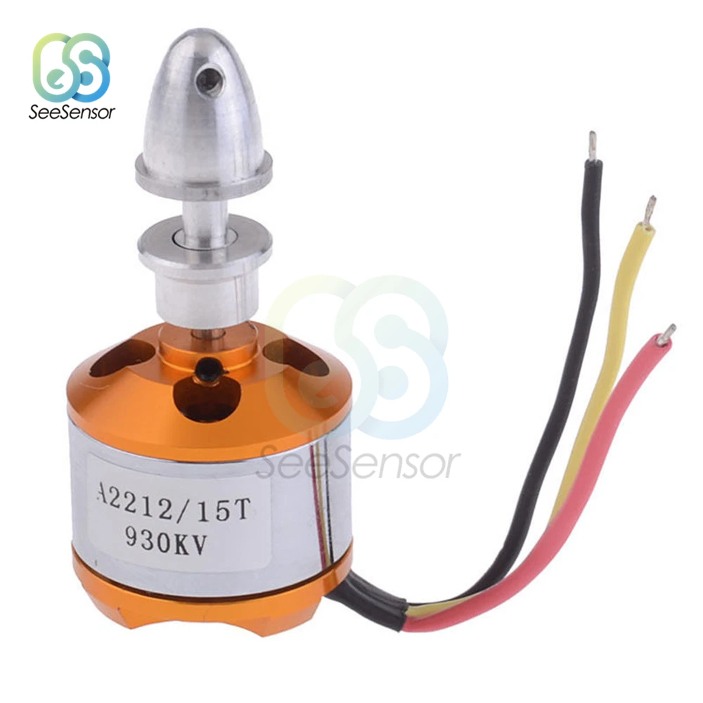 Moteur brushless A2212 pour drone FPV course, comparatif de tailles avec pièce de monnaie, détails du bobinage.