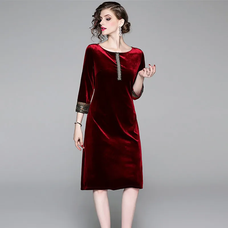 

New Nail Pearl Sequins Loose Waist Velvet Dress Vestido Invierno Mujer 2019 Fall Midi Party Women Dress Lange Jurken K3596