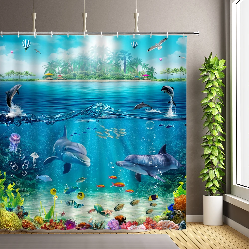 

3D Ocean Dolphin Fish Pattern Shower Curtains Waterproof Bathroom Decor Bath Curtain Sea Animal Scenery Bathtub Ornament Screens