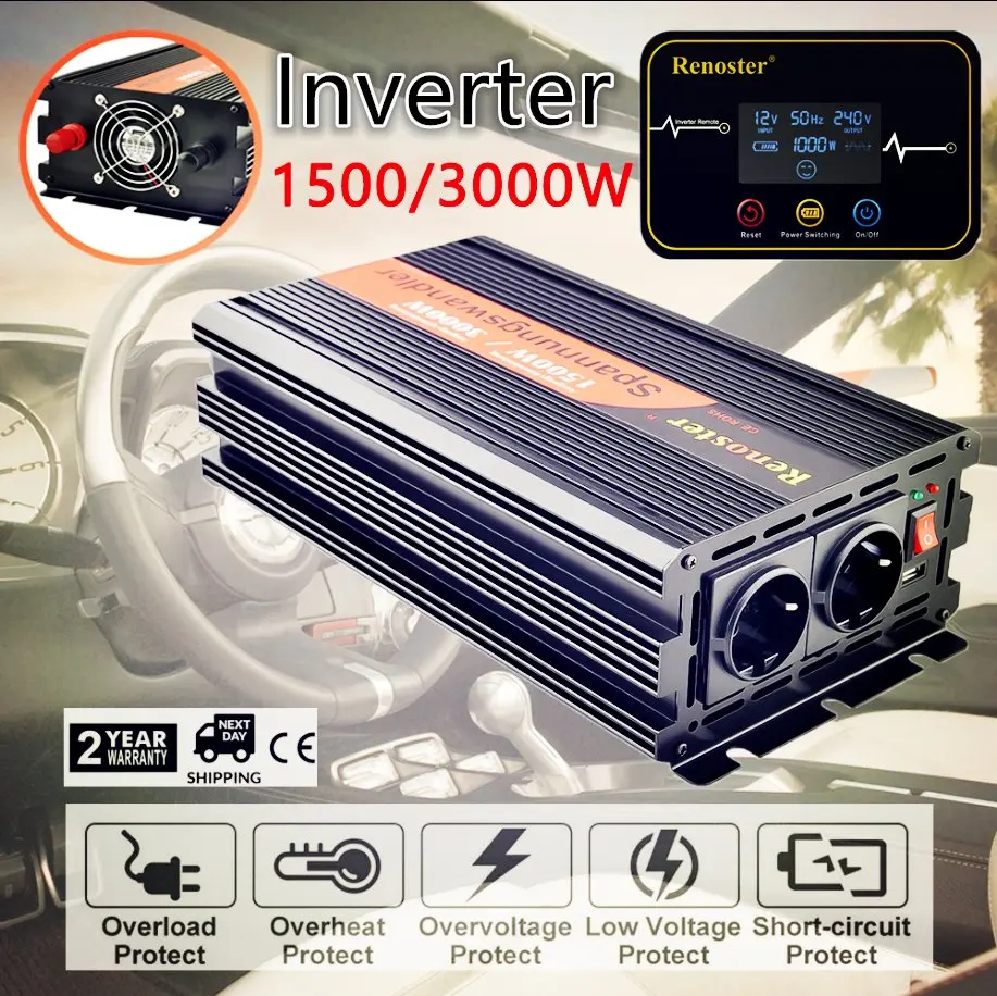 

1500W Pure Sine Wave Solar Power Inverter 12V 230V Solar Inverter with Remote Controller Off Grid Inverter Voltage Converter