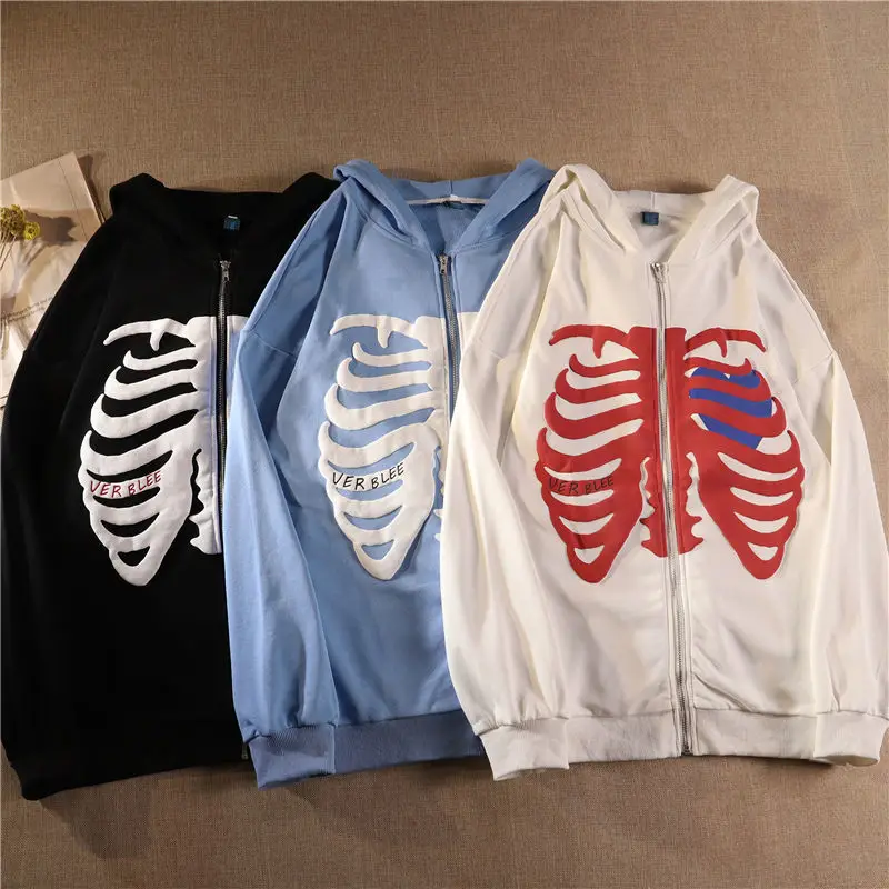 light blue hoodie Skeleton Hoodie Women Clothes Grunge Goth Pullover Sweatshirt With Zipper Anime Hoodie Female Retro Loose Harajuku Streetwear fox racing hooded shirts & tops