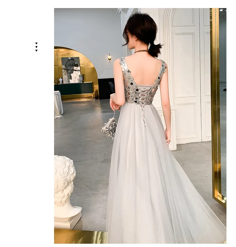 Robe De Soiree сексуальное платье с v-образным воротом, платье трапециевидной формы без рукавов, с блестками вечерние платья Длинные Новое поступление Свадебные Вечерние платья ES3001