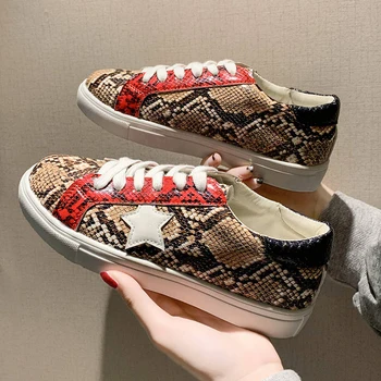

Snake Print Leather Women Sneakers Designer Star Runway Shoes Women's Bling Sneakers 2020 Woman Vulcanized Shoes Plus Size 43