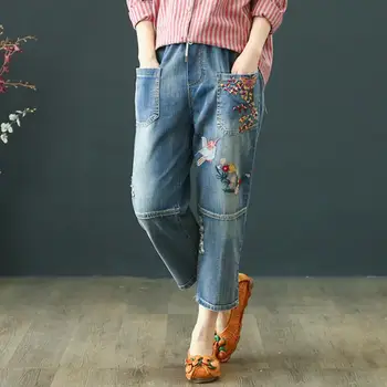 

2020 Spring Summer Floral Embroidery Jeans Women Casual High Waist Jeans Femme Loose Denim Harem Pants Plus Size 3XL r663