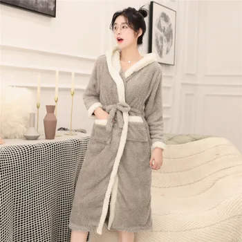 

Solid Colour Pajamas For Women Robe Gown Sleepwear Belt Home Wear Thicken Night Gown Print Rabbit Intimate Lingerie Negligee