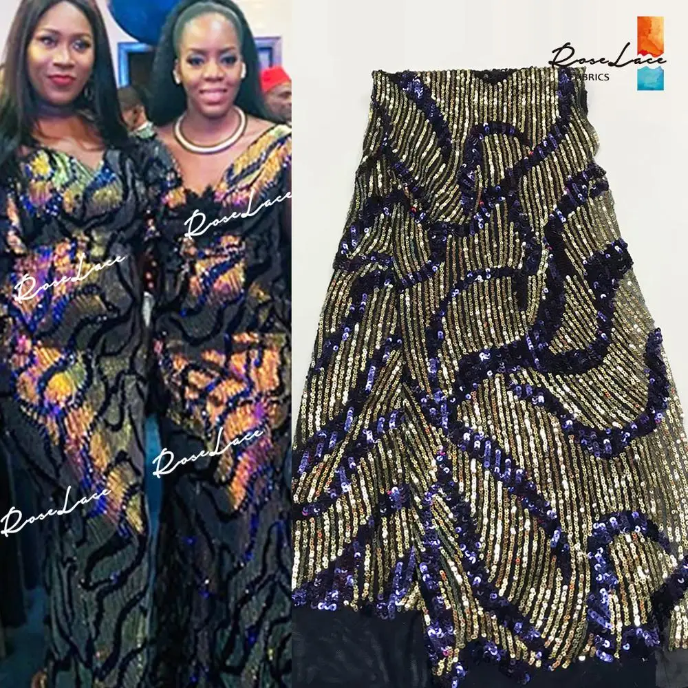 

2019 Dark Blue Sequins Net Fabrics High Quality New Senegal Embroidery Wedding Bride Dresses Mesh Tulle Net Lace Sewing Fabrics