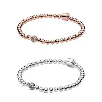 

925 Sterling Silver Bracelet Smooth Beads & Pave Crystal Ball Bracelet & Bangle Fit Bead Charm Diy Pandora Jewelry