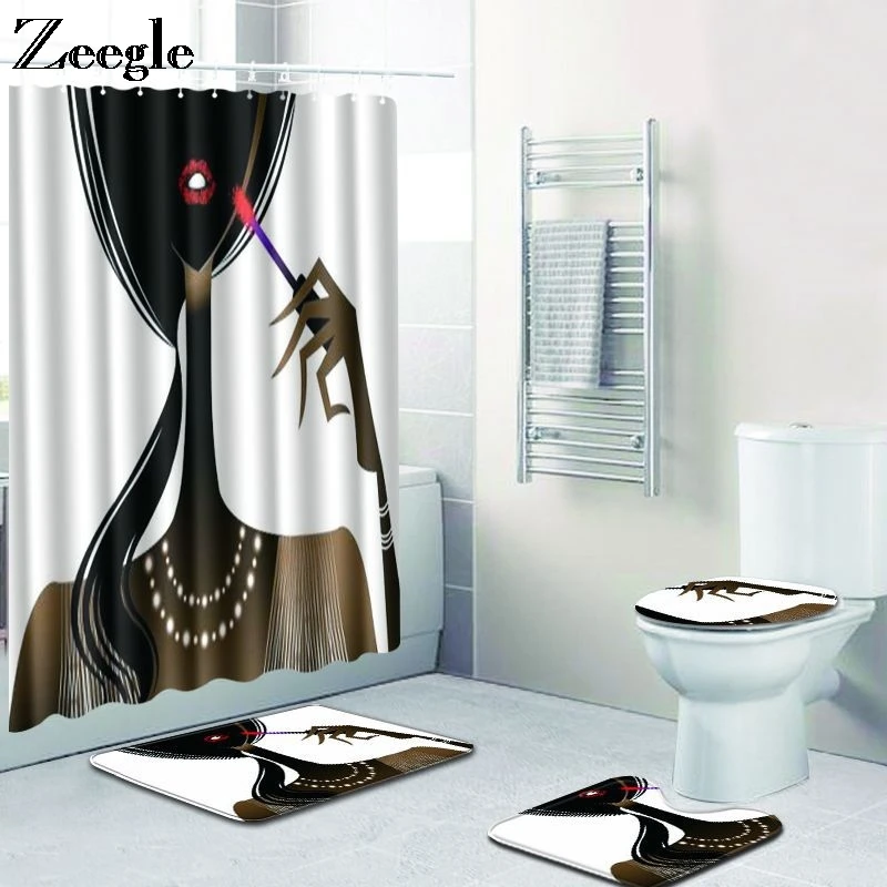 Zeegle 4Pcs Bathroom Rug Non Slip Foot Mat Absorbent Bathroom Doormat Flannel Soft Foot Mat Waterproof Shower Curtain Toilet Set