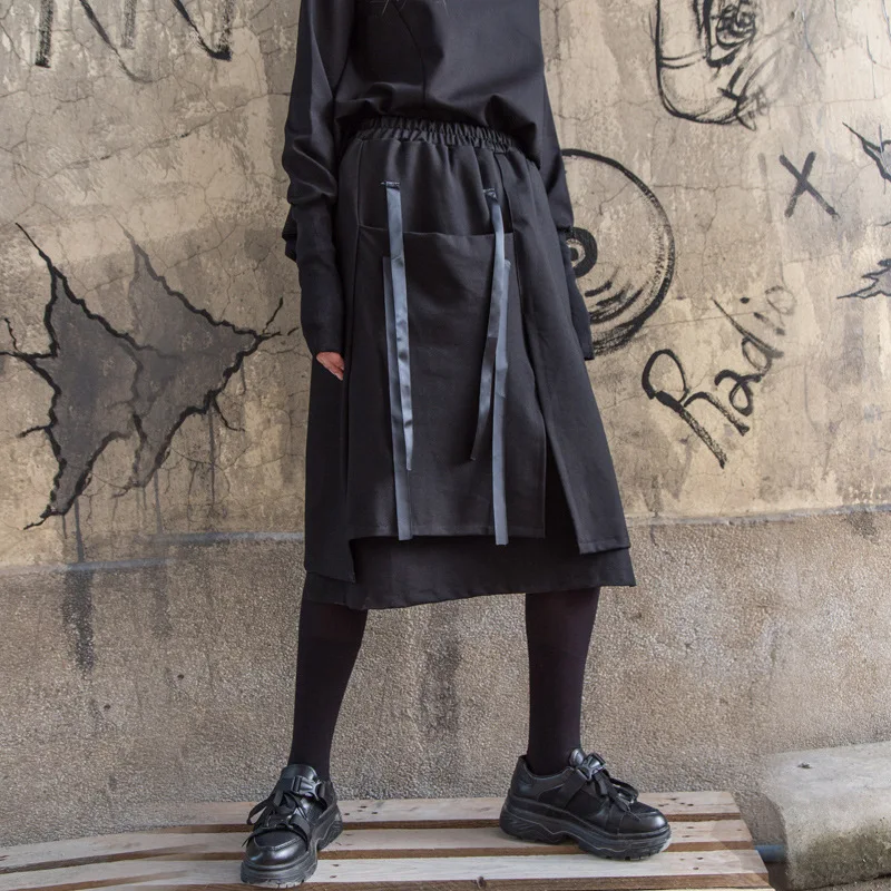 

2019 Spring And Autumn New Style Skirt Elastic Waist Irregular Joint Large Pocket Medium-length Skirt Harajuku Wind Cool Women's