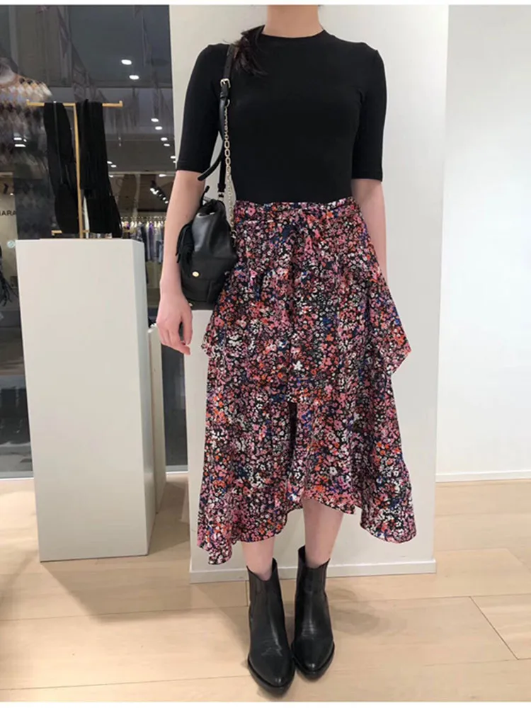 

French M's 2020 spring summer new temperament irregular stitching print dresses fake two piece set strapped sleeve dress women